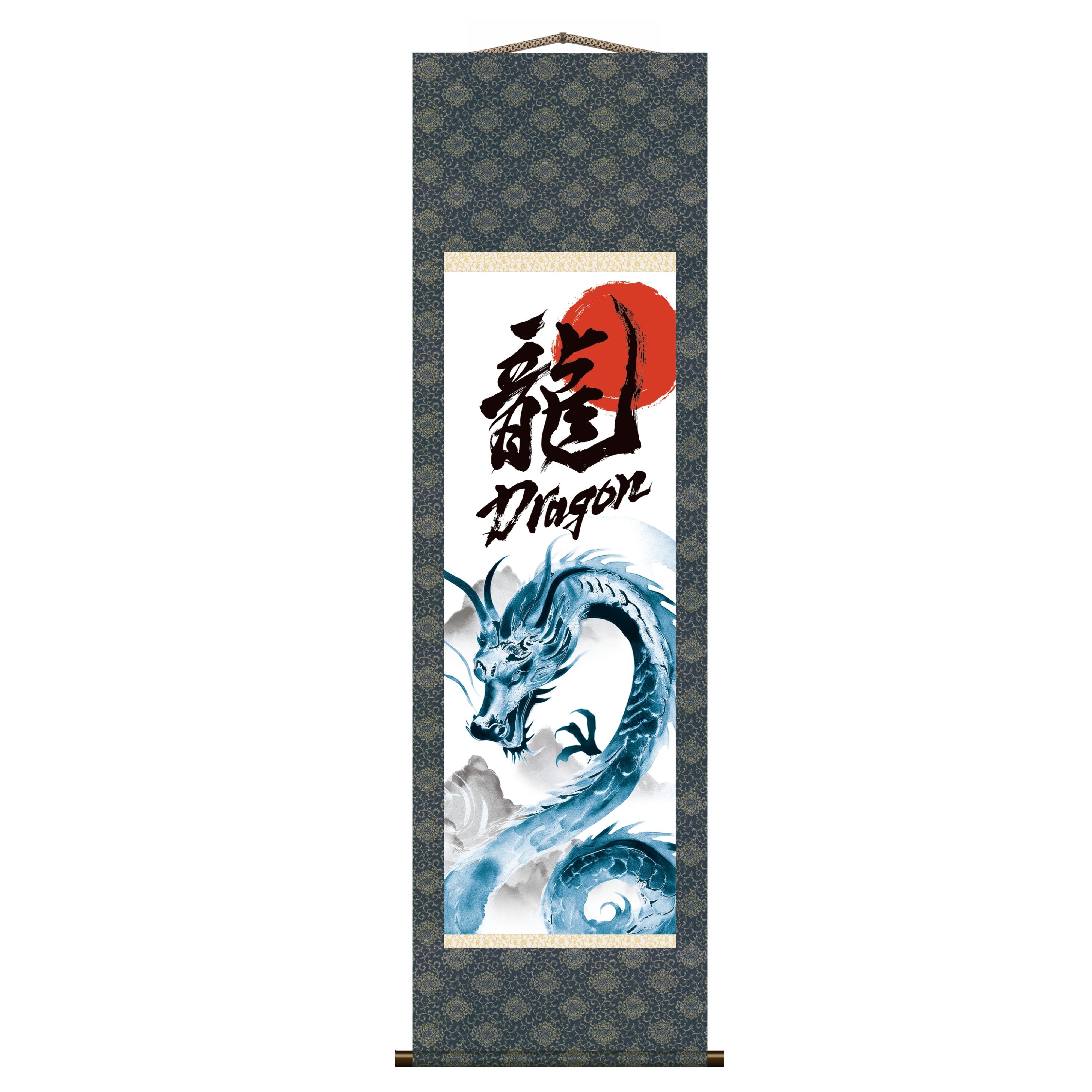 Japanischer Drachen-Kakemono-Wandbehang – Blauer aufsteigender Drache
