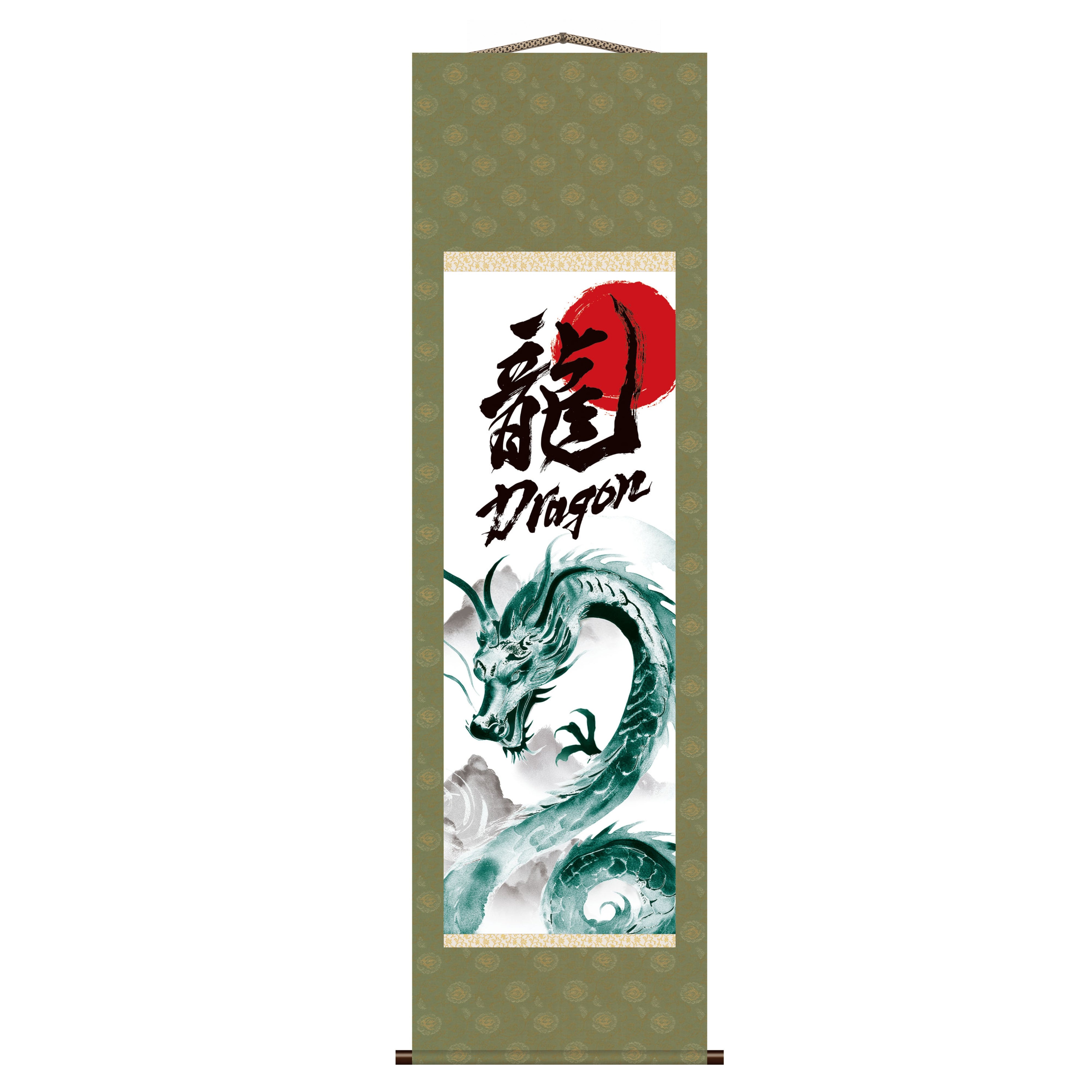 Japanischer Drachen-Kakemono-Wandbehang – Grüner aufsteigender Drache
