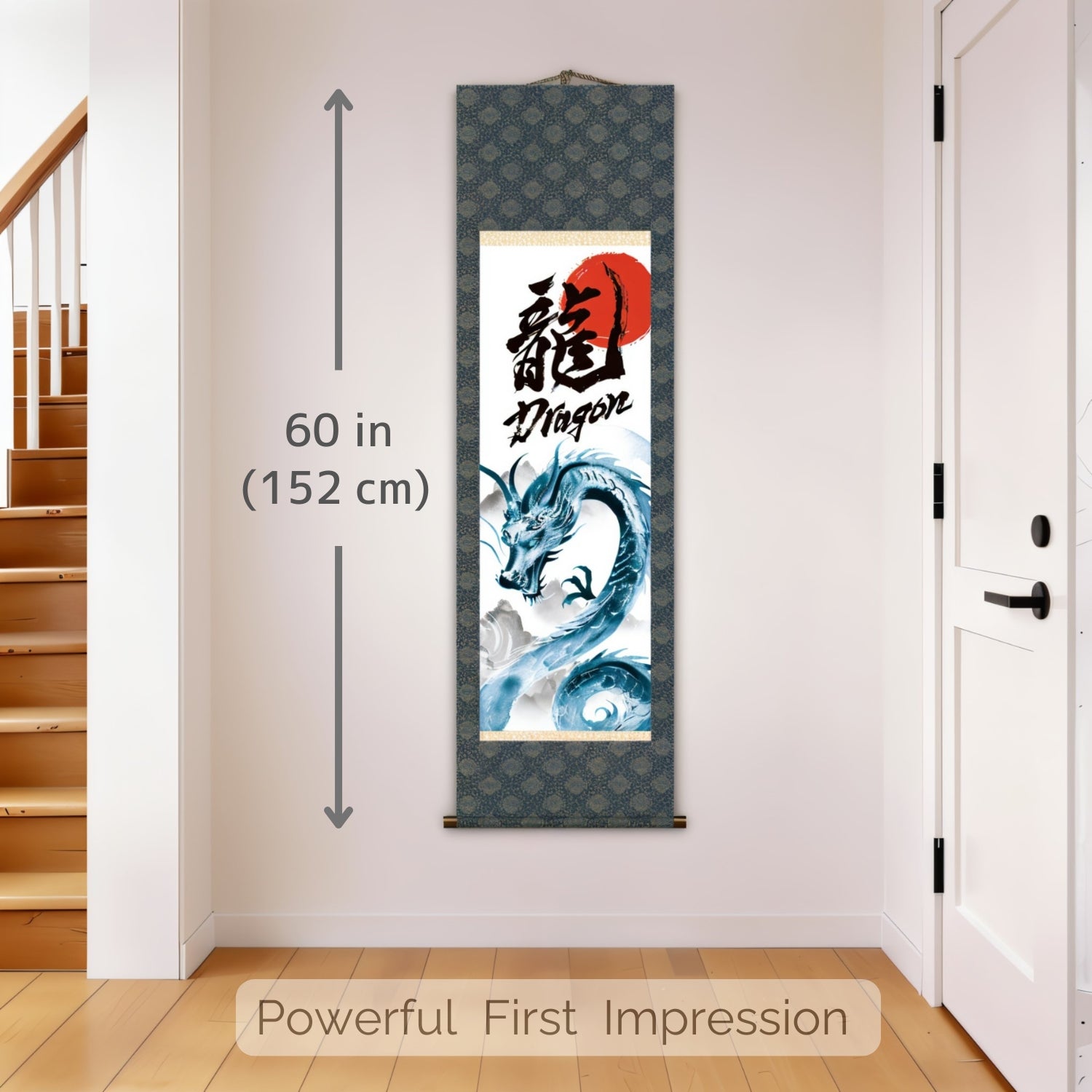 Japanischer Drachen-Kakemono-Wandbehang – Blauer aufsteigender Drache
