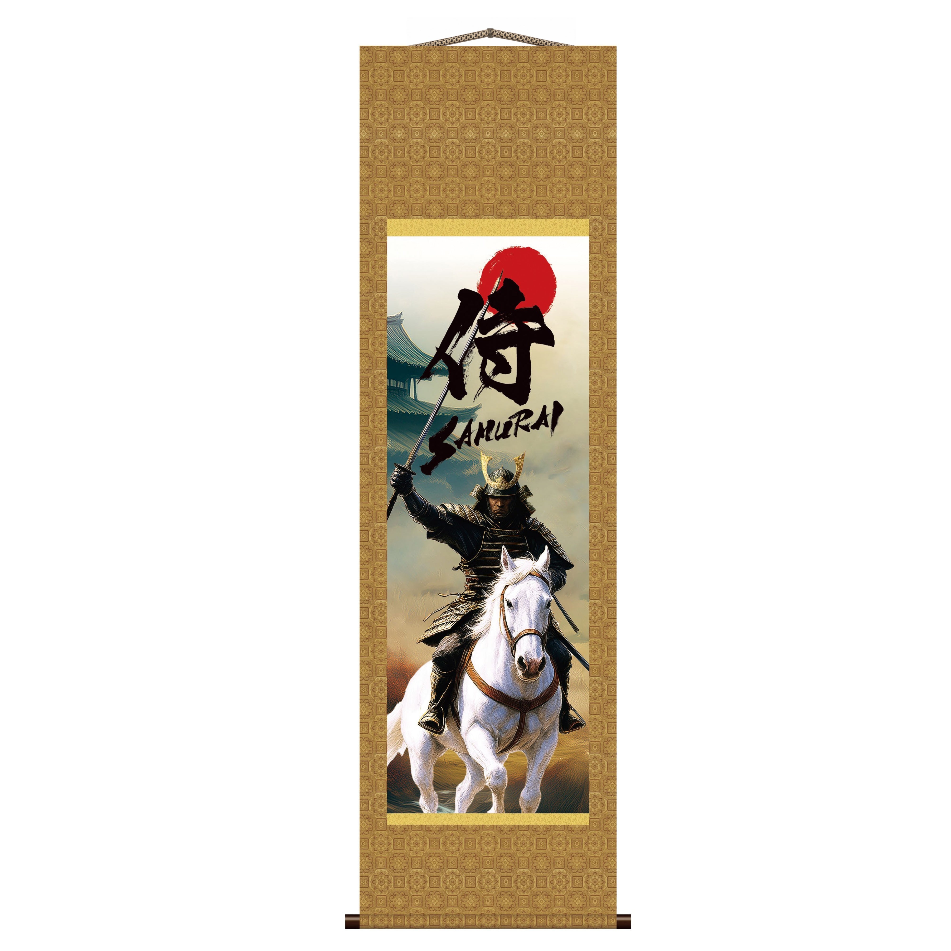Japanese Samurai Kakemono Wall Scroll – Mounted Samurai with Sword on White Horse