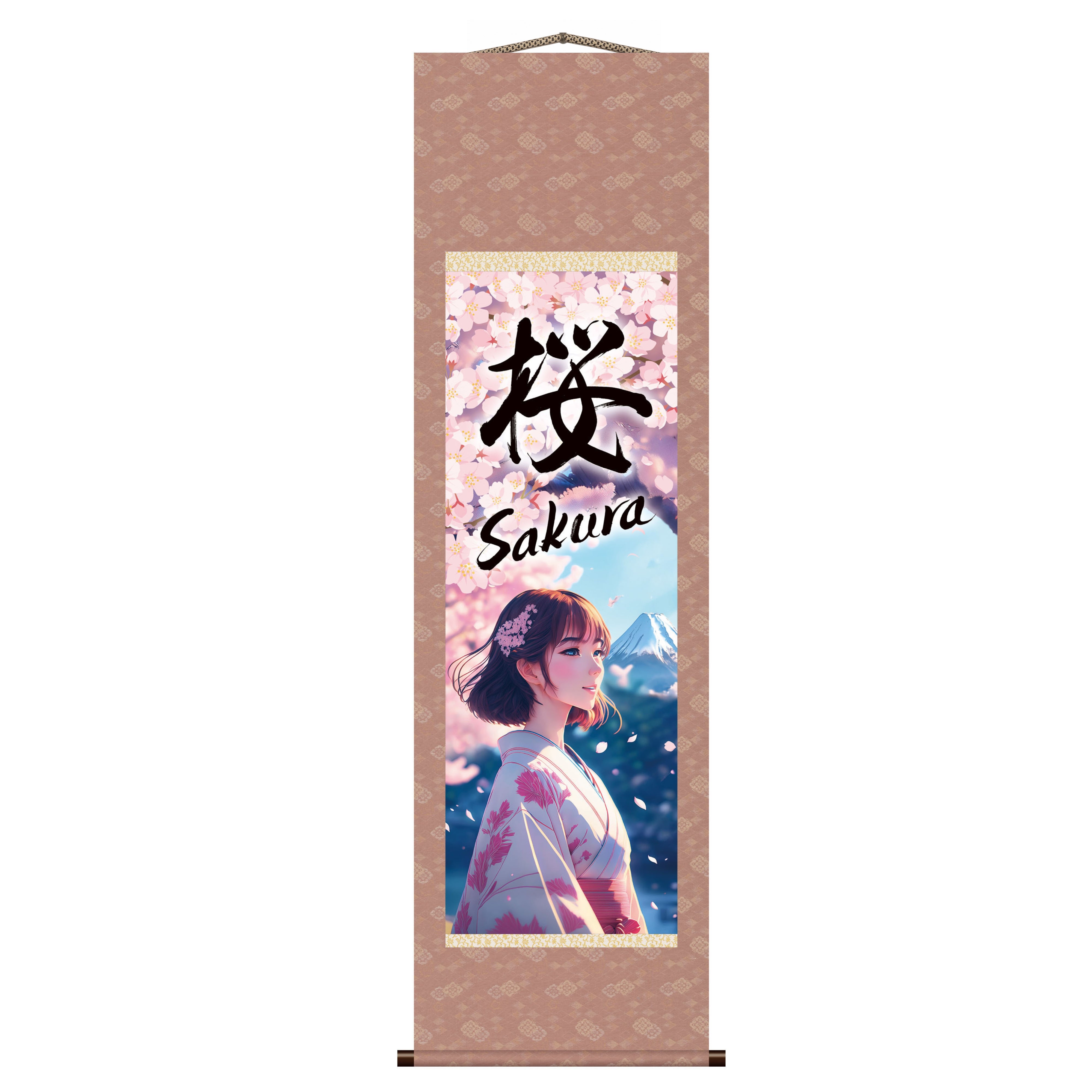 Japanese Anime Sakura Kakemono Wall Scroll – Kimono Woman with Mount Fuji